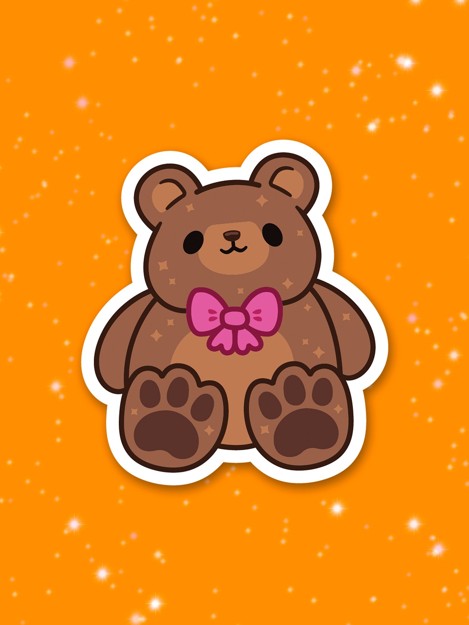 Illustration of brown teddy bear with a pink bow on an orange background