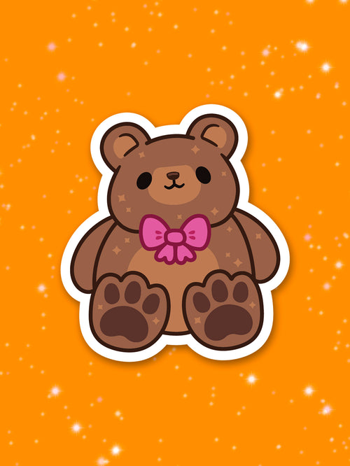Illustration of brown teddy bear with a pink bow on an orange background