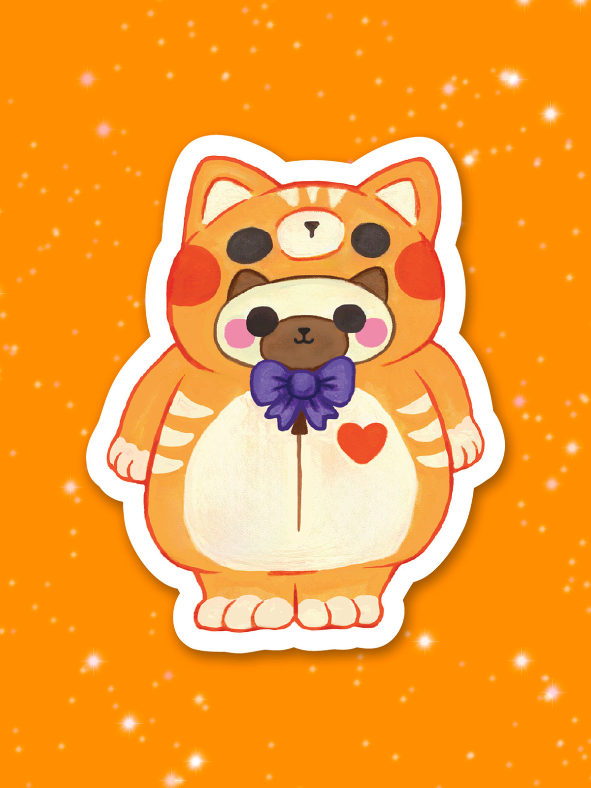 Illustration of Siamese cat in a orange cat suit with a bow tie on an orange background