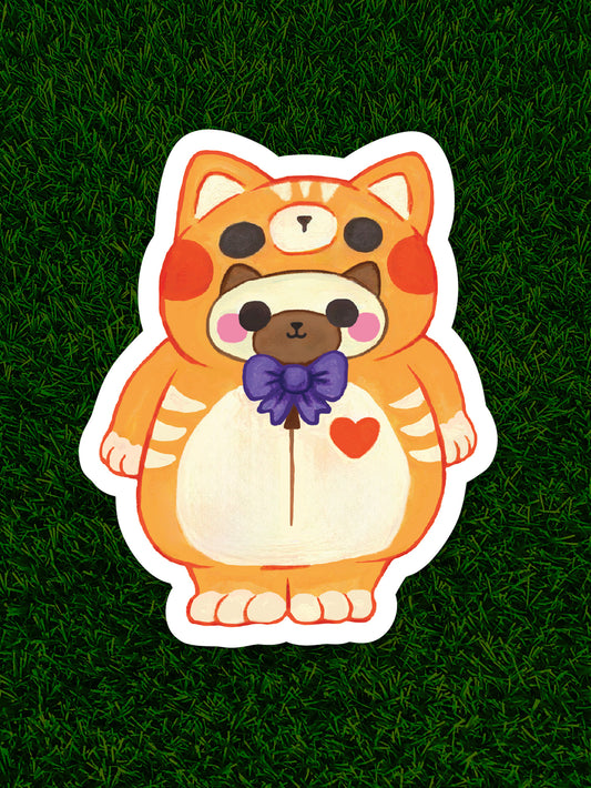 Cartoon cat with a purple bow tie on a grass background