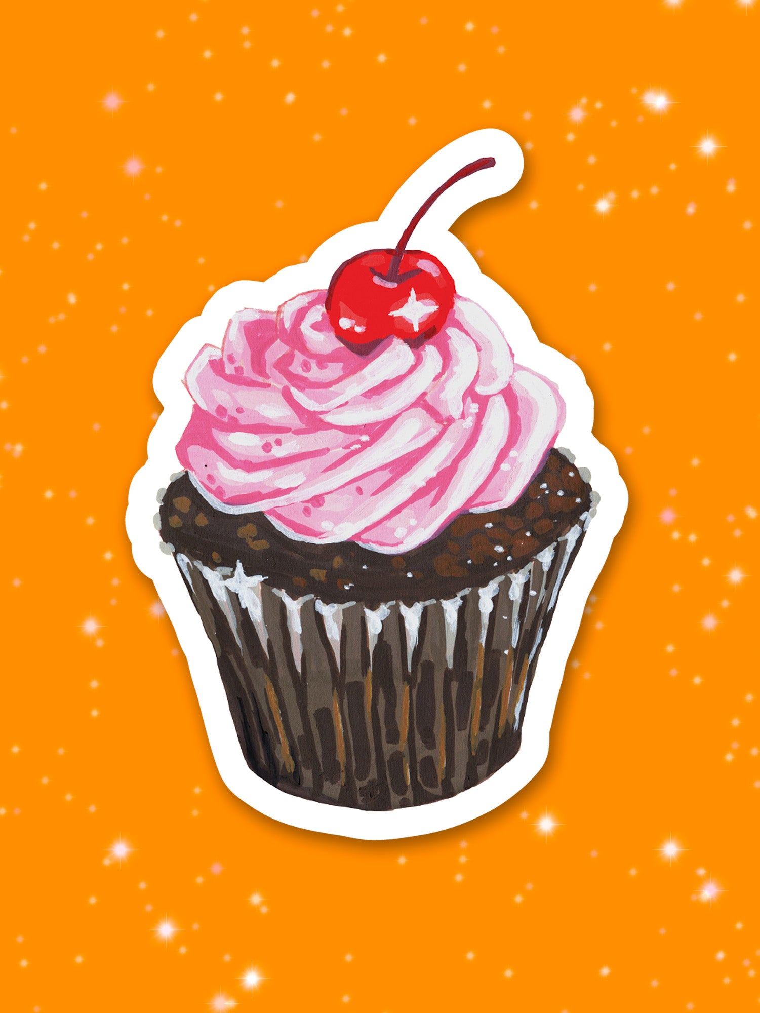 Illustration of a cupcake with pink frosting and a cherry on an orange background