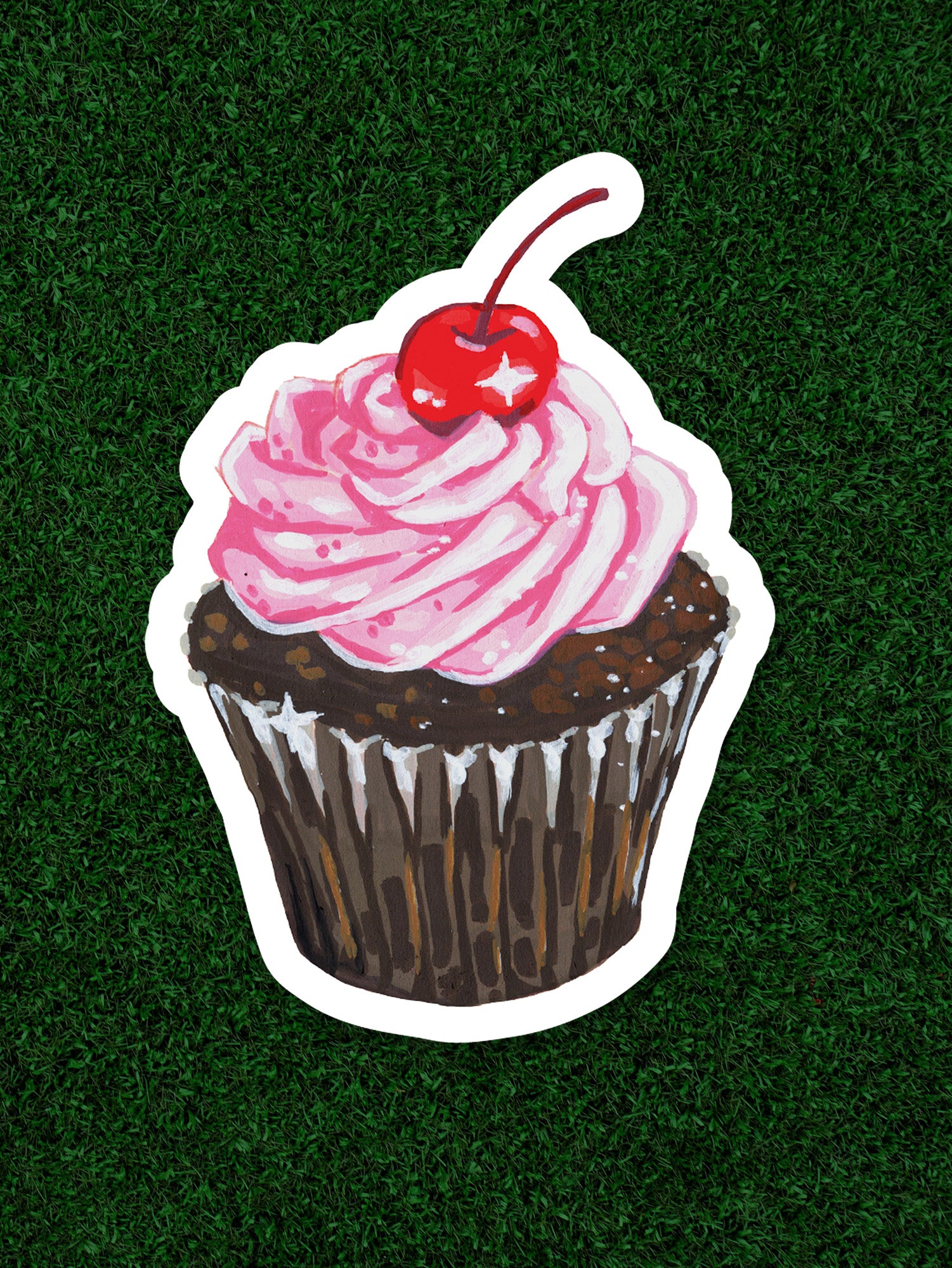 Illustration of a cupcake with pink frosting and a cherry on top against a green background