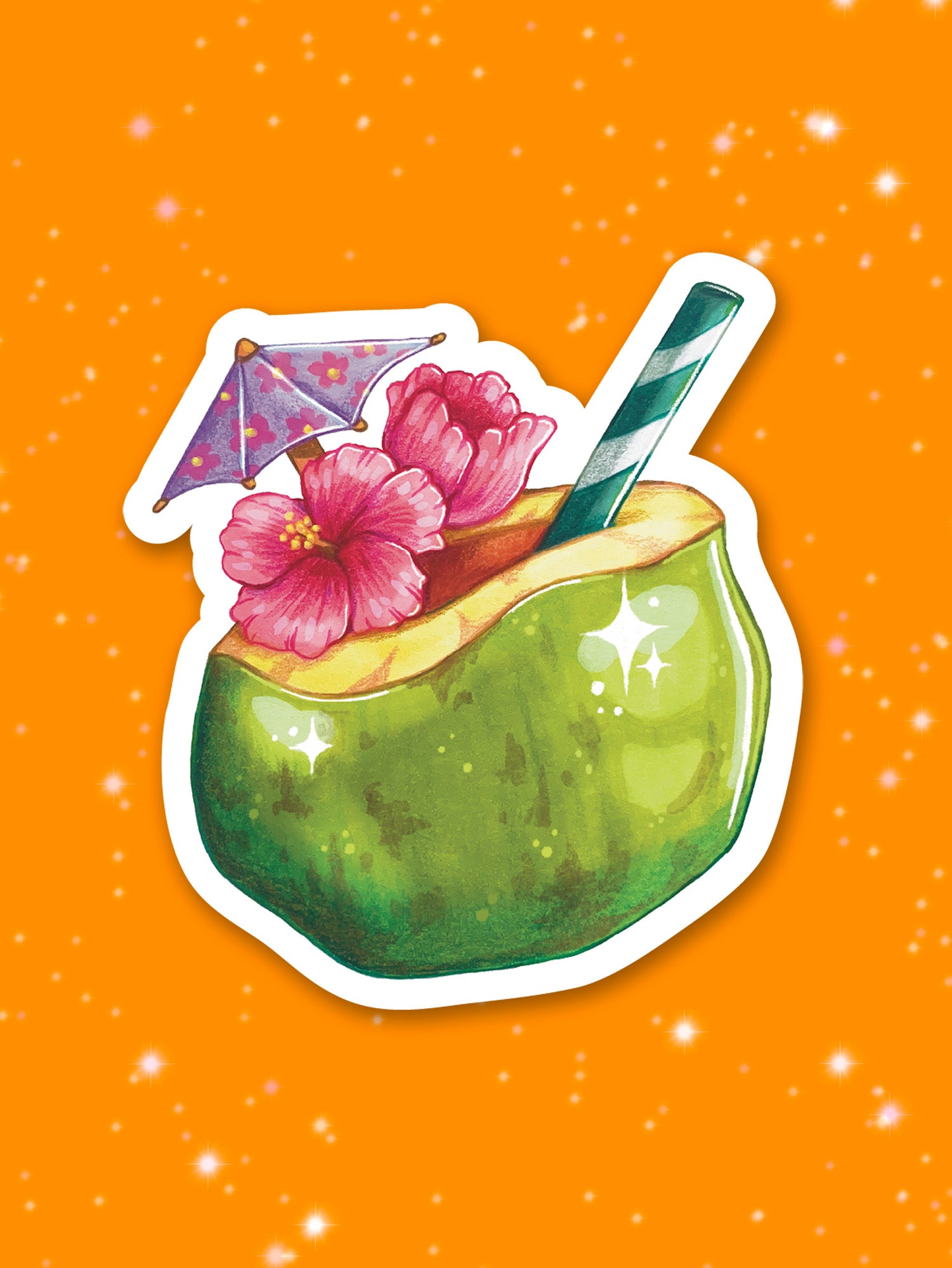 Illustration of green coconut beach drink with pink flowers, a straw, and tiny umbrella on an orange background