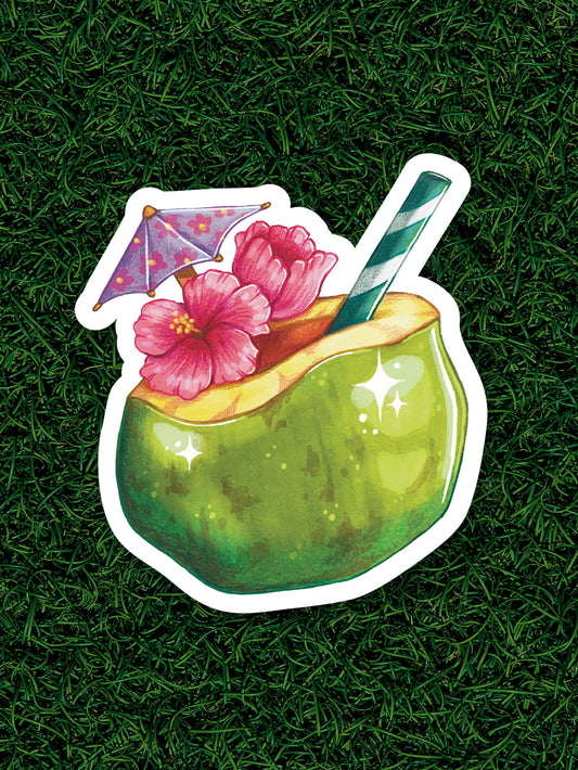 Green Coconut Beach Drink Sticker with Pink Flowers