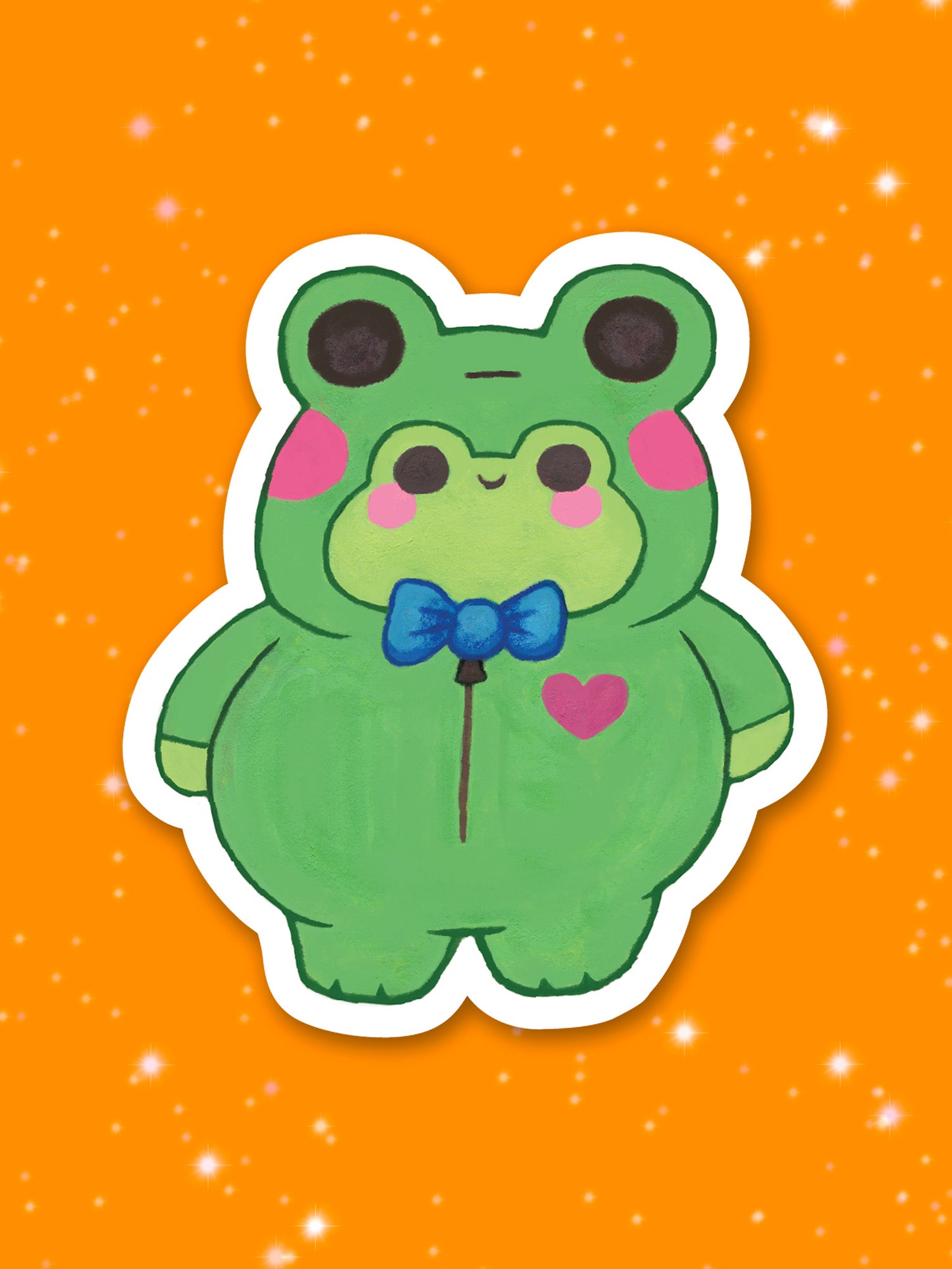 Illustration of a frog character in a frog suit with a bow tie on an orange background