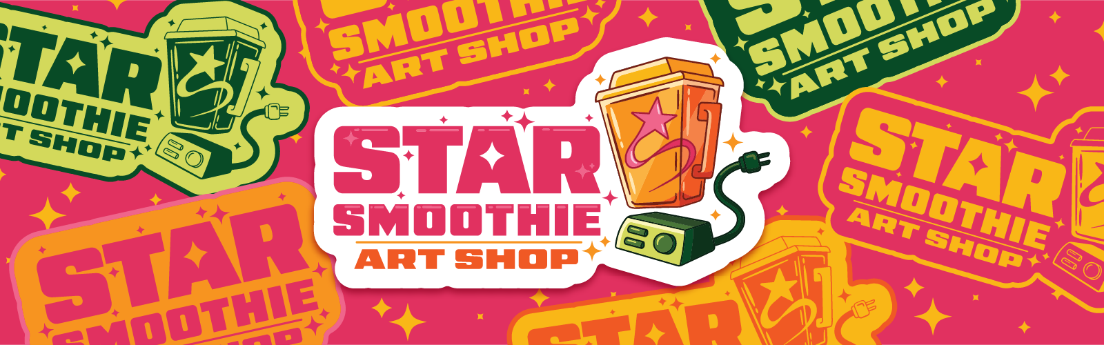 Promotional banner for Star Smoothie Art Shop with colorful text and graphics on a pink background.