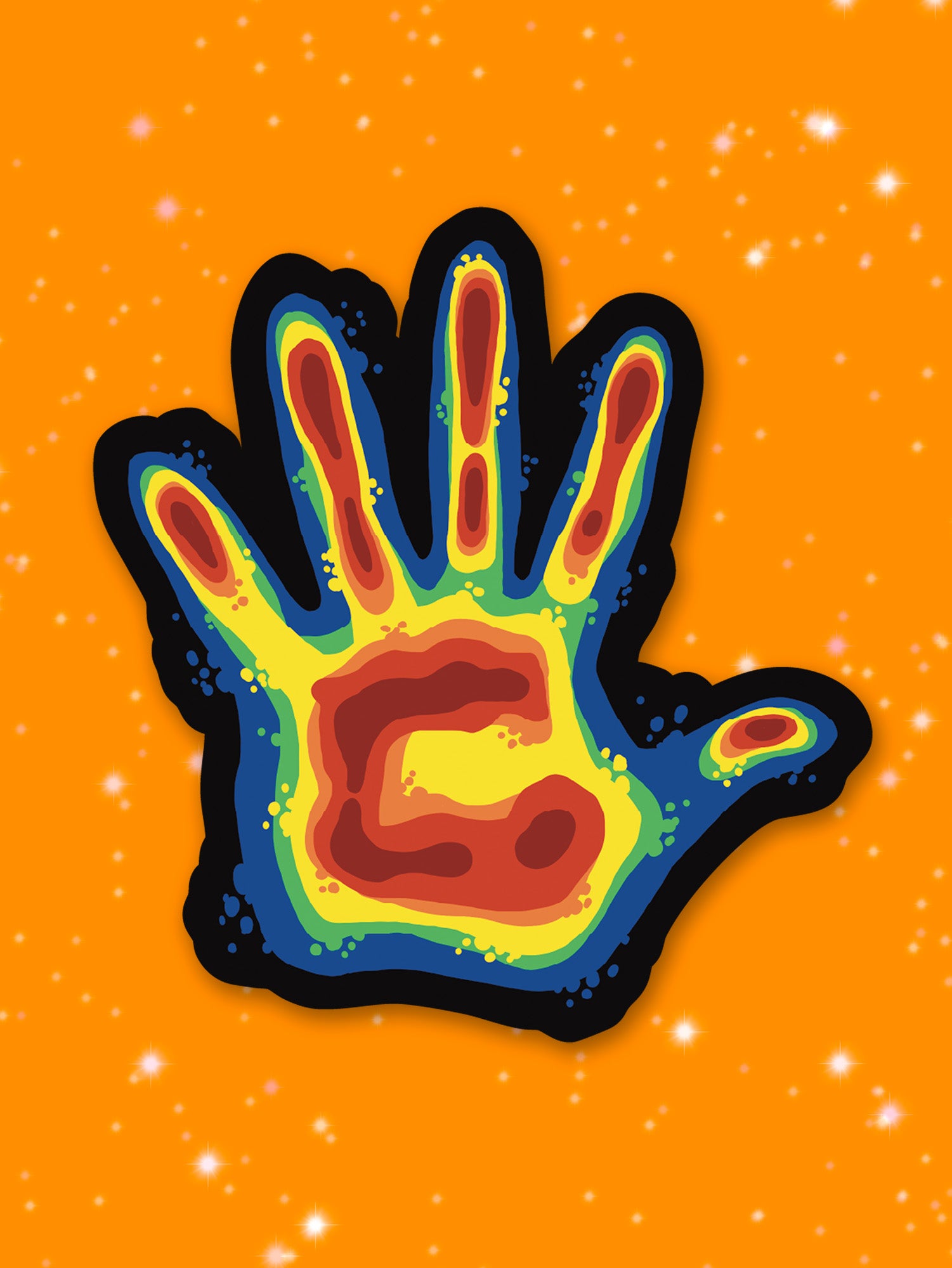 Illustration of thermal style handprint with black, blue, green, yellow and red heat map layers on an orange background
