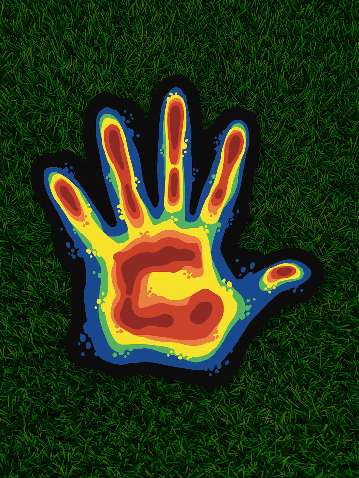 Colorful infrared handprint on a grassy background