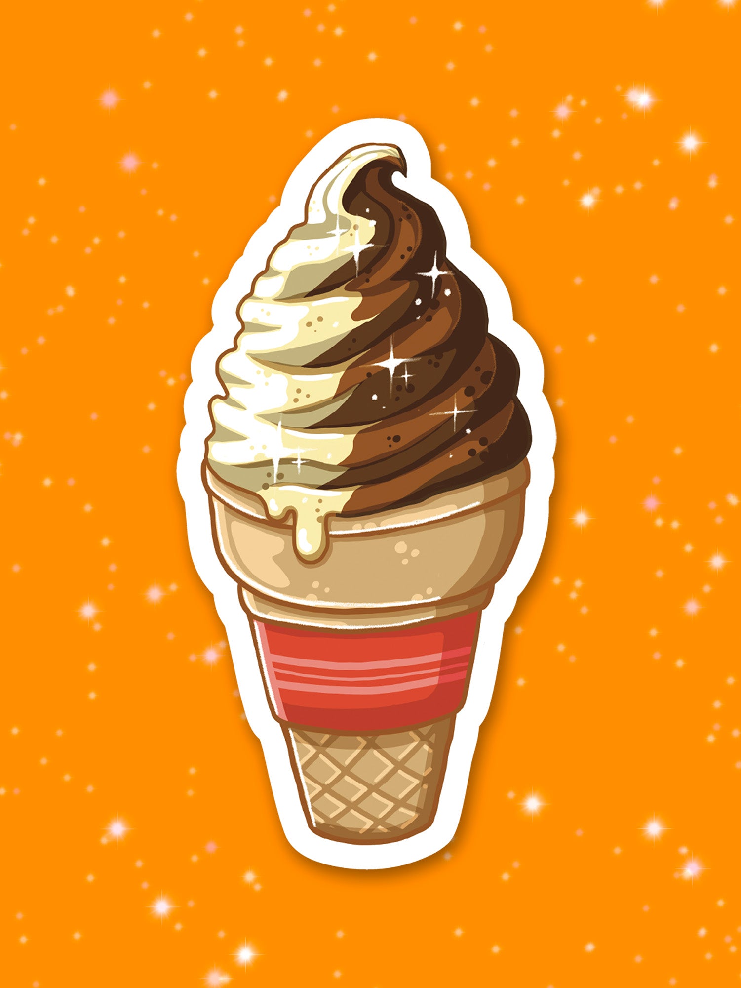 Ice cream cone with chocolate and vanilla swirl on an orange background