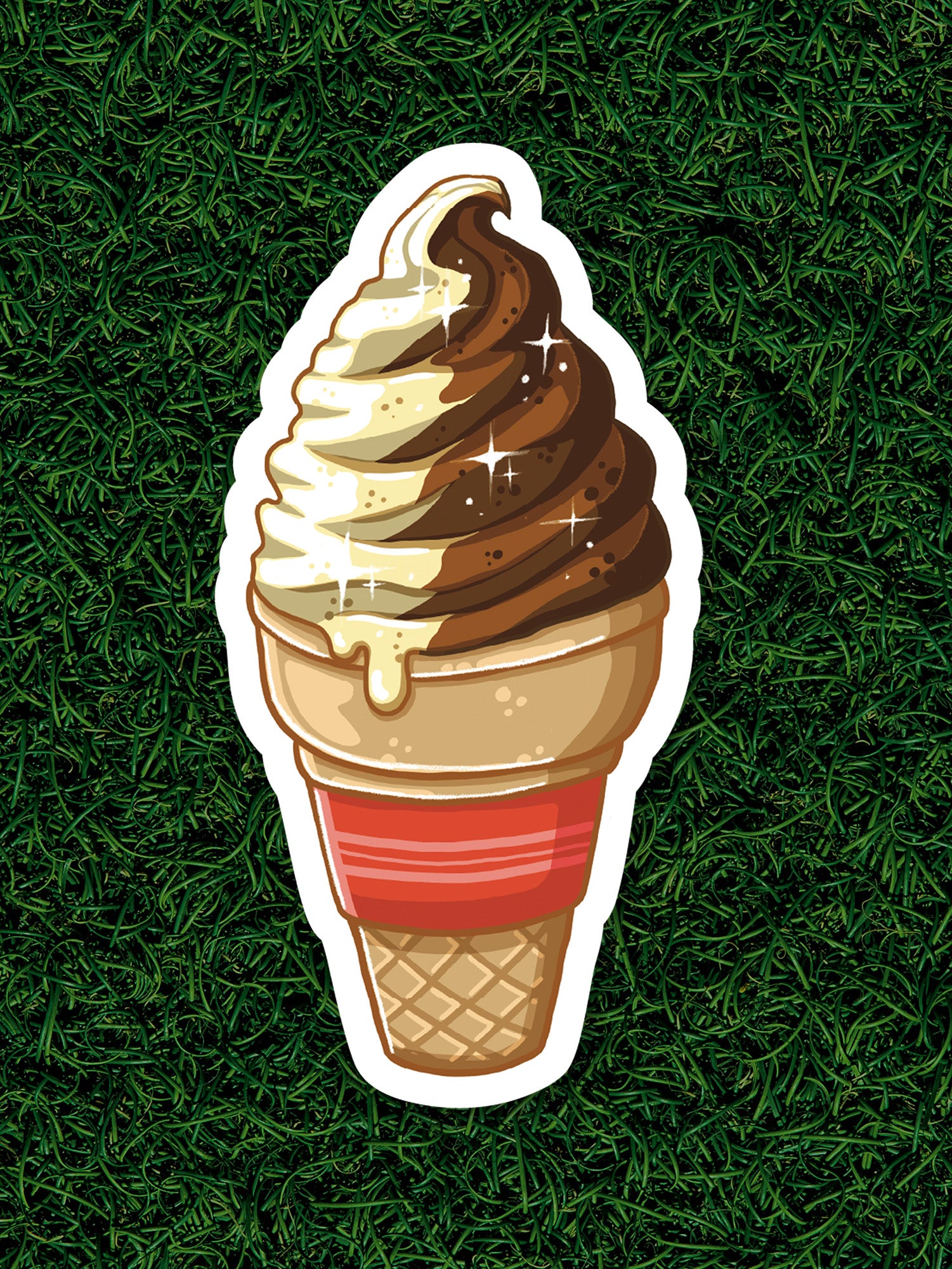 Illustration of a chocolate and vanilla ice cream cone on a grass background