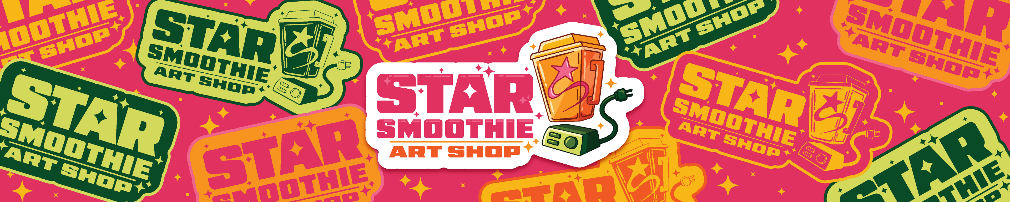 Colorful branding for Star Smoothie Art Shop with various logos on a pink background